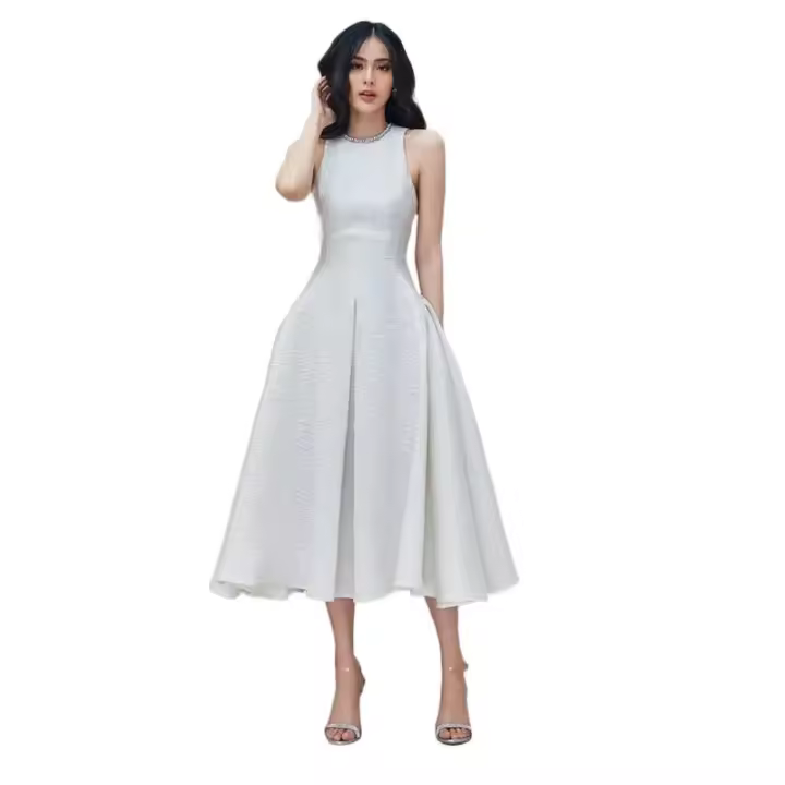 2025 Vestido de Fiesta Sin Mangas con Rhinestones Blancos Gran Volante Slim Largo Plisado Vestido de Baile Estilo Diosa de Veran - 1