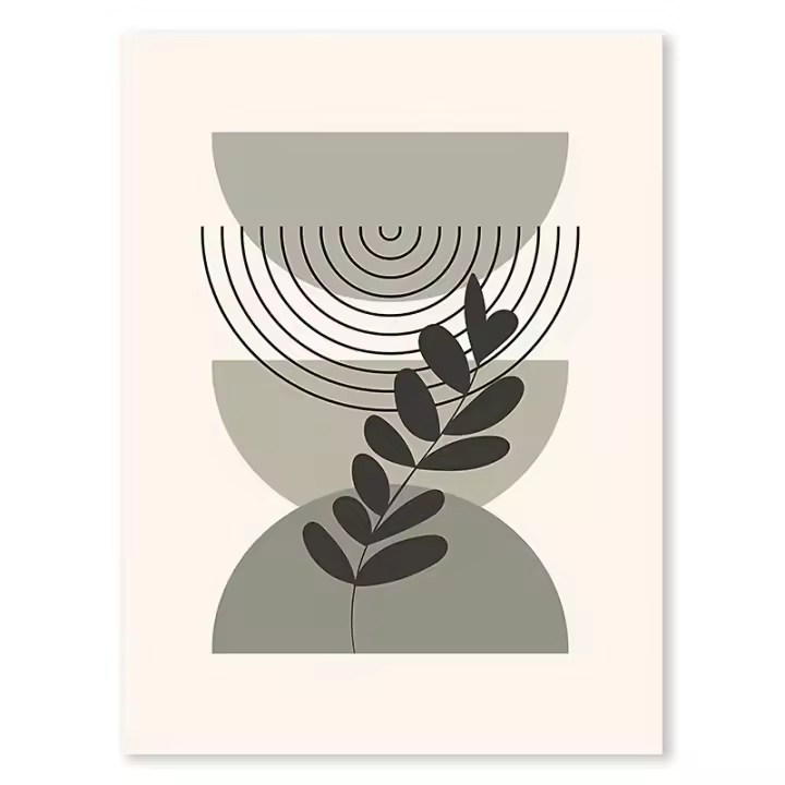 Pintura Nórdica de Lámina de Arte de Pared Bohemio Verde con Hojas de Plantas y Líneas Geométricas en Canvas para Decoración del Hogar - 1