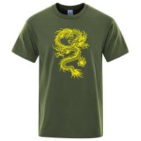 Camiseta holgada de algodón para hombre, ropa de calle de gran tamaño, transpirable, con estampado de dragón amarillo, estilo chino - details 11