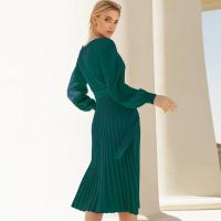 Vestido de ganchillo plisado para mujer con cuello redondo, vestido de punto, manga larga, elegante y bonito, color sólido - details 9