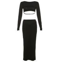 BUNO-Conjuntos de verano para mujer, 2 piezas, moda sólida, nuevo conjunto de dos piezas, manga larga, ombligo descubierto, falda larga, Sexy, elegante, y2k - details 11