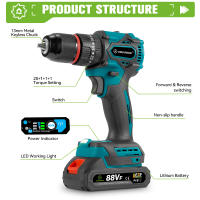 ONEGREEN-taladro de impacto eléctrico sin escobillas, 480N.M, 13mm, destornillador eléctrico, herramientas eléctricas para juego de pines de batería Makita - details 3