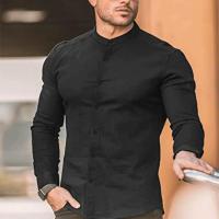 Camisa casual deportiva de manga larga para hombre, color sólido, delgada, ligeramente elástica, con botones - details 9