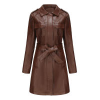 Gabardina cortavientos de piel sintética para mujer, chaquetas con cinturón, abrigo largo medio - details 42