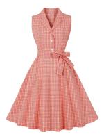 Vestido de Algodón a Cuadros Vintage Hepburn Collar Encajado, Manga sin Botones, Moda de Verano para Mujeres - details 1