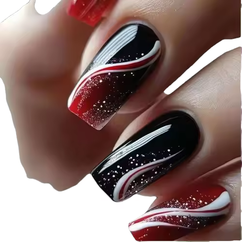 24 uñas largas de ballet UDS con pegamento de rayas rojas, degradación de brillo artístico, negro, editorial francesa, uña protésica acrílica - 1
