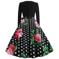 Women dot print party elegant vintage swing long sleeve dress - details 22