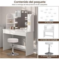 Mueble Tocador Moderno Blanco Espejo con Luz Regulable Mesa de Maquillaje con Taburete de Altura Ajustable 108x40 cm Diseño de Cajones y Estantes - details 4