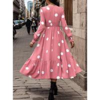 Moda femenina 2024 Primavera Vestido acampanado de manga larga con cuello en V y estampado de lunares - details 14
