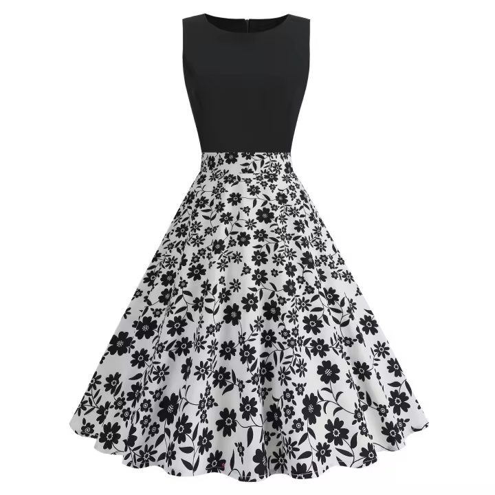 2025 Primavera/Verano nuevo vestido sin mangas de punto empalmado con estampado de flores rosas ropa de mujer - 1