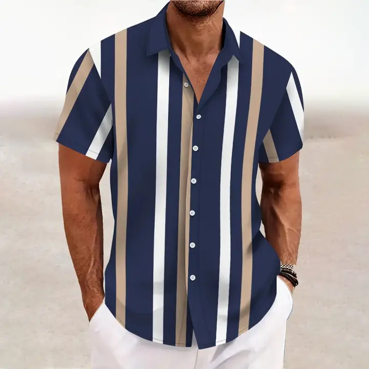 Camisa Casual de Verano para Hombres Estampado a Rayas Manga Corta Cuello Ancho Moda al Aire Libre - 1