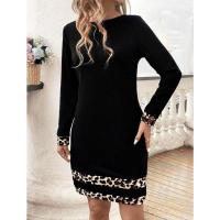 Vestido de mujer con estampado de leopardo, manga larga para otoño invierno, vestido pequeño negro con corte acampanado y falda. - details 5