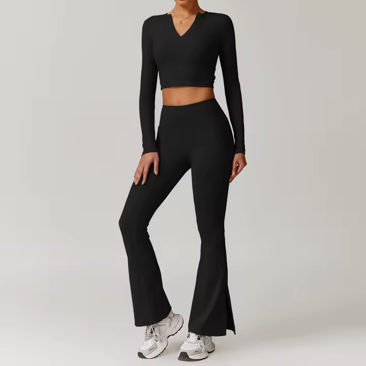 Conjunto deportivo de ocio para mujer, pantalones de pierna ancha de cintura alta, Top adelgazante de manga larga para Fitness, Otoño e Invierno - 1
