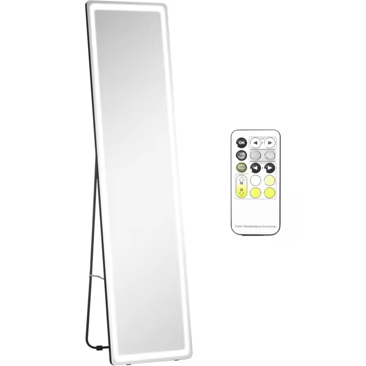 Espejo de Pared con Luz LED Brillo Ajustable, 3 Colores, Control Remoto, Aluminio para Plata y Negro, 40x37x157,5 cm - 1