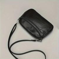 Bolso Cruzado de Cuero Genuino para Mujer Color Sólido, Mini Bolso de Hombro a la Moda con Doble Cremallera, Correa Desmontable, Forro de Poliéster - details 15