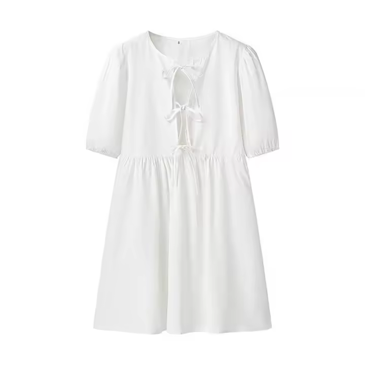 - Venta de verano de la temporada, camisas con cinturón de color puro para mujer, mini s de manga corta con cuello redondo, regular - 1