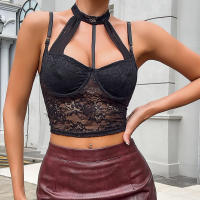 Encaje sexy top de chicas calientes con aros de acero cuerpo forma corsé cuello colgante tirantes chaleco exterior - details 1