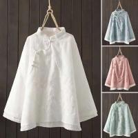 Algodón en mujer blusa estilo bordado wer patrón nudo botón cuello alto A e camisa china - details 2