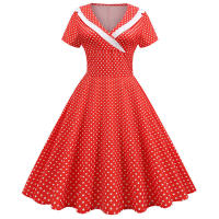Vestido midi de línea A informal y elegante con cuello y manga corta para fiesta de lunares de verano para mujer - details 10