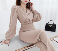 BGTEEVER-monos elegantes de manga larga con cuello en V para mujer, monos sólidos para mujer, Moda de Primavera, cintura delgada, suéteres de pierna ancha para mujer - details 4