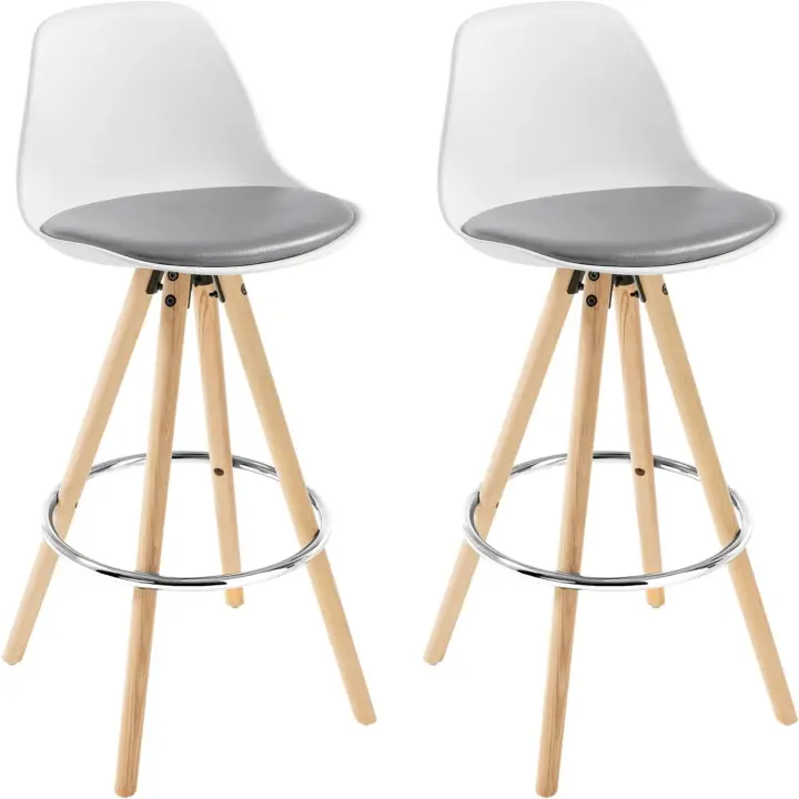 2 x Taburete de Bar con Respaldo, Marco de Madera Maciza Imitación de Cuero, para Cocina, Bar, Paquete de 2 Unidades Blanco - 1