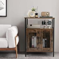 Armario para vino de madera, armario de cocina con botellero extraíble y 6 soportes de cristal, aparador con puertas de rejilla de metal industrial para cocina y comedor - details 1