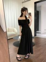 Vestido Negro de Hombro Único Estilo Hepburn Cintura Ajustada para Adelgazar Elegante y Casual - details 7