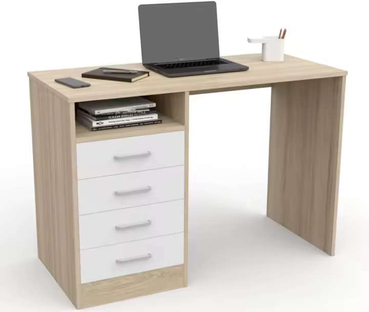 Escritorio 4 Cajones, Mesa de Oficina, Despacho Ordenador, (Cajones Roble Blancos) - 1