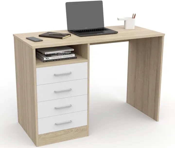 Escritorio 4 Cajones, Mesa de Oficina, Despacho Ordenador, (Cajones Roble Blancos) - 1