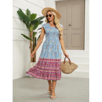 Vestido de verano con estampado bohemio, estilo de vacaciones, cuello en V, manga acampanada, moda para mujer - details 5