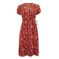 Vestido de playa de fiesta de línea A elegante dividido con cuello en V de manga corta bohemio con estampado floral de verano para mujer - details 13