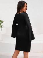 Elegante y bonito vestido Midi de manga larga para mujer, de Color sólido vestido ajustado, falda de cuello redondo que cubre la cadera - details 17