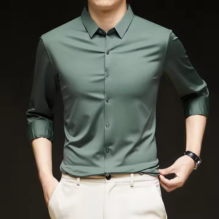 Camisa de Manga Larga Elástica Sin Arrugas para Hombres Ropa de Negocios Casual Color Sólido - 1