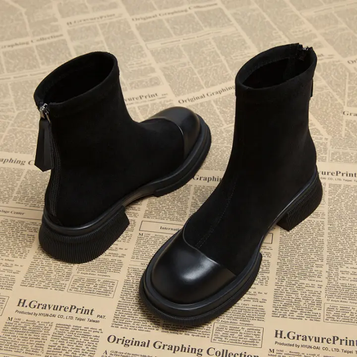 Cuero Super caliente Internet celebridad retro marrón tacón grueso botines ajustados - 1