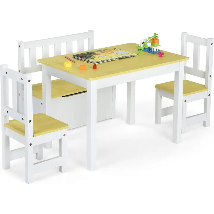 2 Sillas para Niños con Banco, Conjunto de Muebles con Banco de Almacenaje, Muebles Infantiles de 4 Piezas para Niños de 3 a 7 Años (Natural) - 1