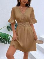 Vestido Blanco Puro de Verano Cintura de Encaje con Parche de Moda Cuello en V Manga Corta - details 24