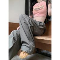 Pantalones de chándal de pierna ancha holgados informales grises, ropa de calle de cintura baja con cordón, pantalones Cargo, pantalones Hippie para correr para mujer - details 4