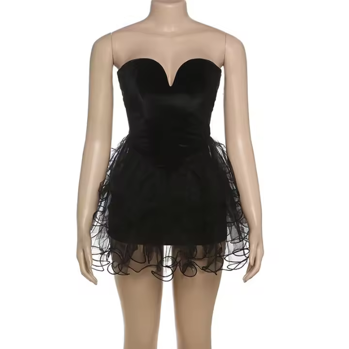 BUNO-Vestido de retazos de malla con diseño de gato extraño para mujer, minivestido Sexy con escote bajo y espalda descubierta, sin mangas, con volantes, dobladillo suelto, tendencia de medianoche - 1