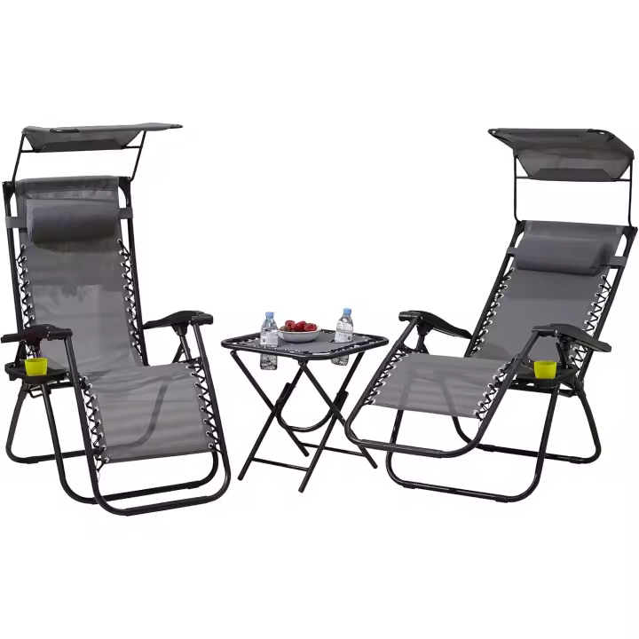 Juego de 3 sillas plegables portátiles de gravedad cero, tumbonas, portavasos, reclinables, jardín, patio, campamento al aire libre (gris) - 1