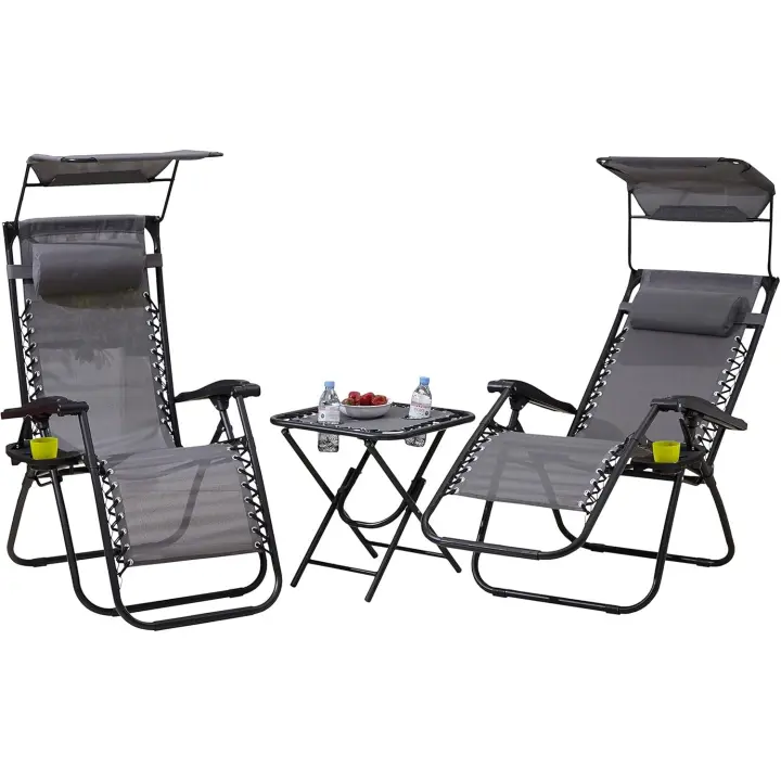 Juego de 3 sillas plegables portátiles de gravedad cero, tumbonas, portavasos, reclinables, jardín, patio, campamento al aire libre (gris) - 1