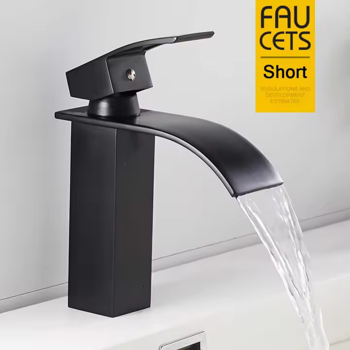 Grifo Moderno de Latón Negro con Boquilla Plana para Fregadero de Baño, Partes de Plomería Tipo de Material: Latón Resistente a H - 1