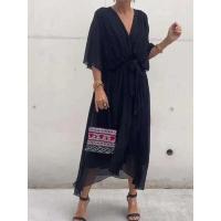 Vestido de verano para mujer, cuello en V, manga corta, plisado, Irregular, rojo, elegante, falda Midi negra para fiesta para mujer - details 2