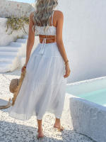 2025 primavera y verano casual color sólido estilo bohemio de vacaciones vestido de tirantes de empalme de cintura alta - details 25