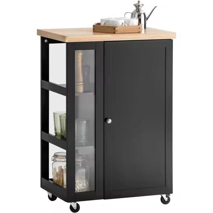 Carrito auxiliar de cocina con 3 estantes, 1 puerta y 4 ruedas. Carrito de servicio multiusos de 60 x 40 x 90 cm. - 1