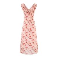 Vestido largo de gasa estampado con volantes, escote en V doble, estilo chaleco, cola de pez y falda paraguas, para vacaciones francesas. - details 1