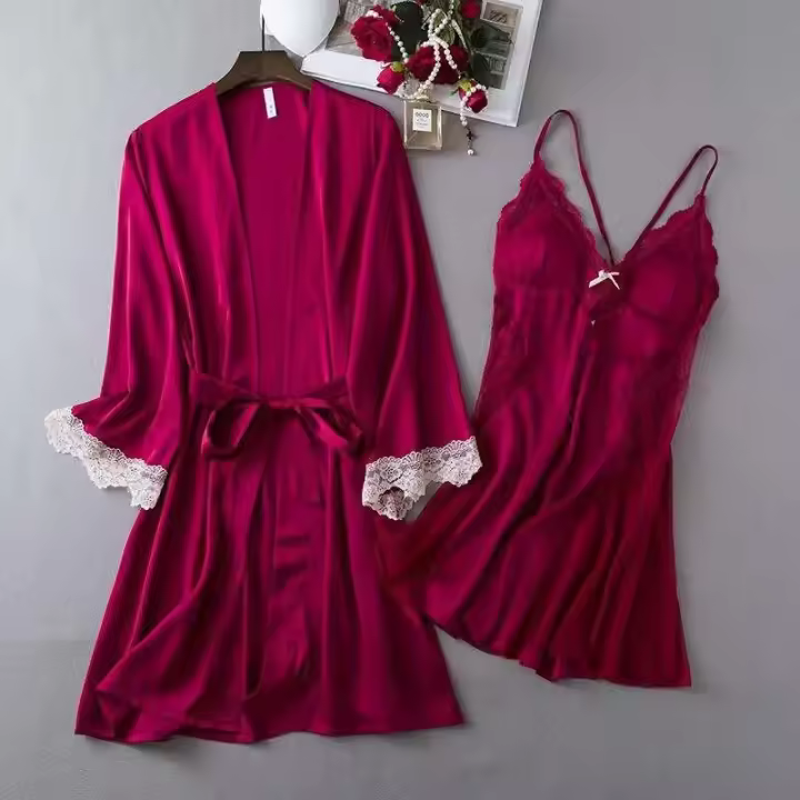 Conjunto de Kimono de Satén para Mujeres Ouwu Dos Piezas para Dormir Ideal para Novias y Bodas - 1