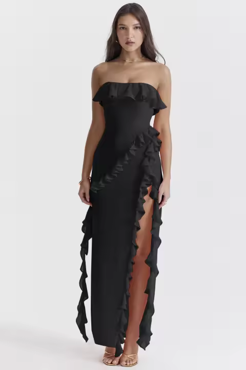 NOVEDAD DE VERANO 2025, vestido sexy con borde con volantes envuelto en el pecho, sin mangas y con hombros descubiertos para mujer - 1