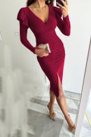Vestido de manga larga de Color sólido con abertura y cintura cerrada con temperamento y cuello en V de verano 2025 para mujer - details 7