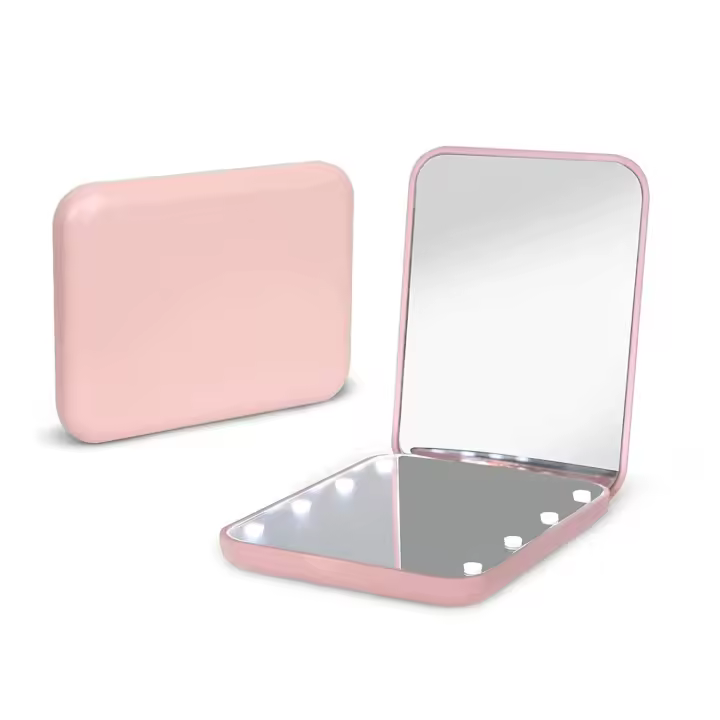 Kintion Espejo de bolsillo, maquillaje de viaje compacto LED con aumento de 1X/3X con bolso ligero, 2 caras, portátil, plegable, de mano, - 1