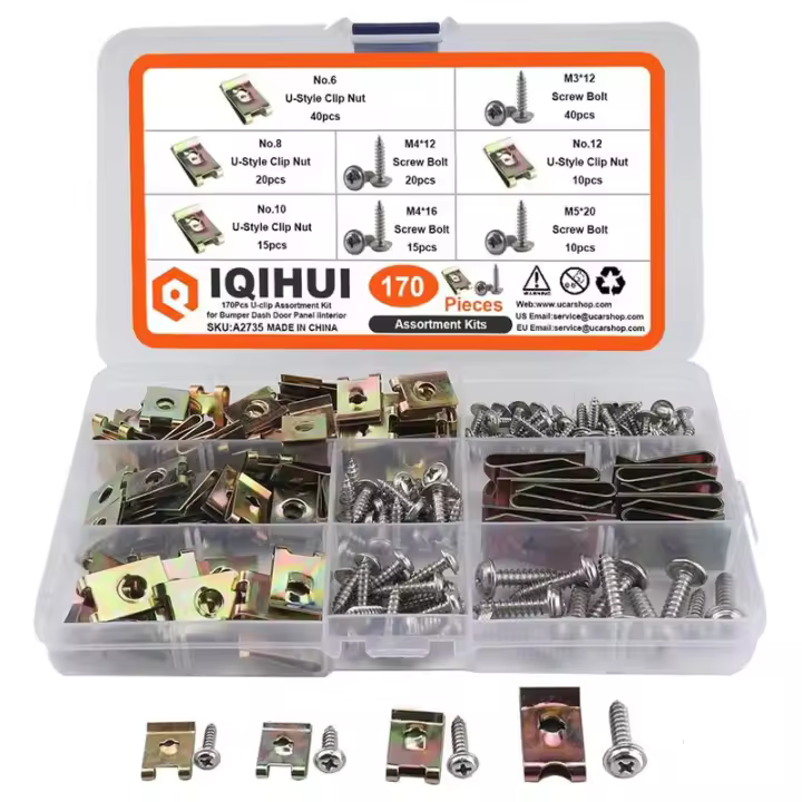 IQIHUI 170 piezas Kit surtido de tuercas y tornillos para clip de coche 12 #   10 #   8 #   6 #   Sujetadores de clips en U automáticos de 4 tamaños para embellecedor interior del tablero del parachoques - 1